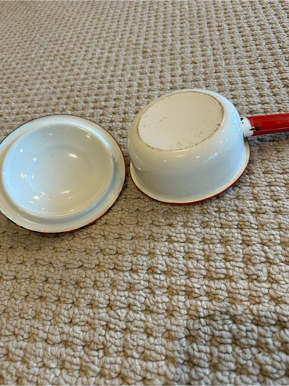 Vintage Enamel Saucepan with Lid - White and Red